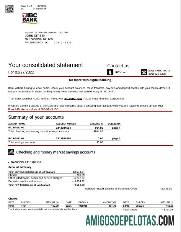 Extrato bancário IBC dos EUA, Texas, modelo Word e PDF para download, 5 páginas